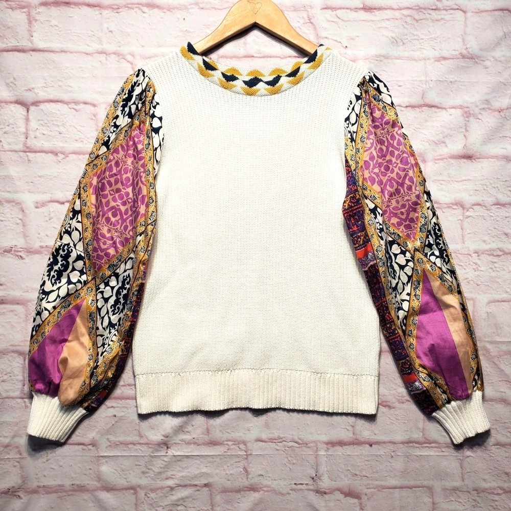 Fate Boho Patchwork Balloon Sleeve Cotton Sweater Women Small Indie Sleaze Fairy